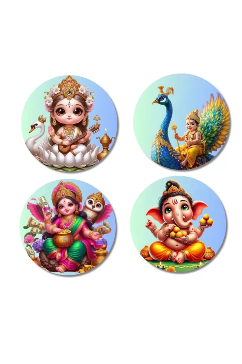 Saraswati, Kartikeya, Lakshmi, And Ganesha. Fridge Magnets Ã¢â‚¬â€œ 4 Piece Set | 3 Inch Round Wall Fridge Decor (F22780)