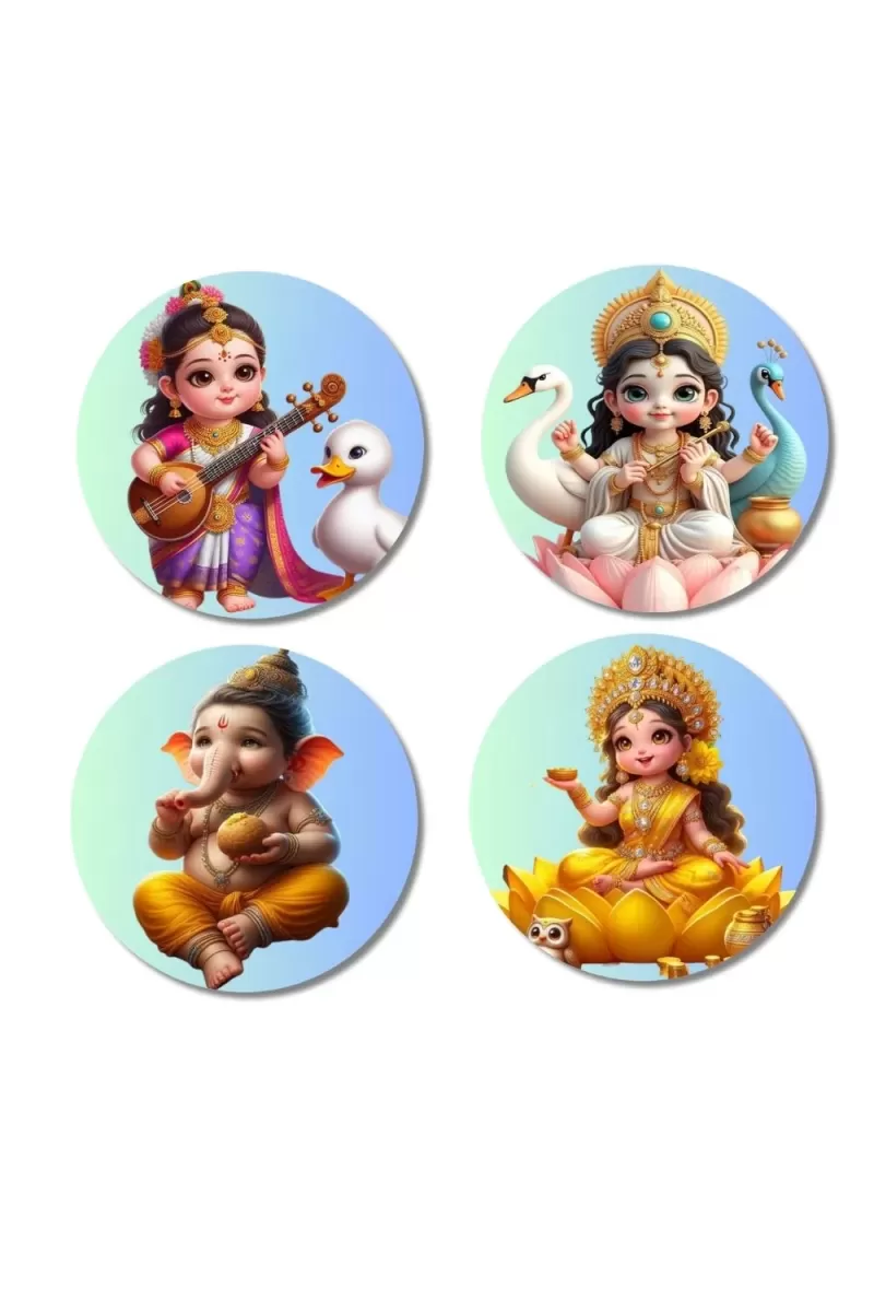 Saraswati, Ganesha, And Lakshmi. Fridge Magnets Ã¢â‚¬â€œ 4 Piece Set | 3 Inch Round Wall Fridge Decor (F22781)