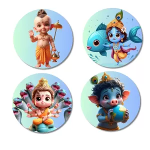 Krishna, Radha, Ganesha, Vamana, Vishnu Fridge Magnets Ã¢â‚¬â€œ 4 Piece Set | 3 Inch Round Wall Fridge Decor (F22783)