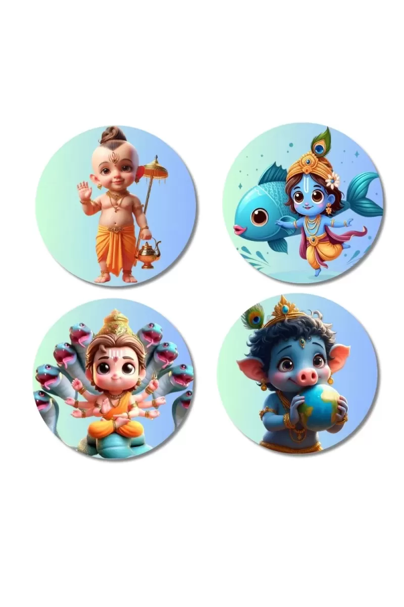 Krishna, Radha, Ganesha, Vamana, Vishnu Fridge Magnets Ã¢â‚¬â€œ 4 Piece Set | 3 Inch Round Wall Fridge Decor (F22783)