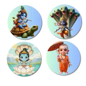 Vishnu, Krishna, And Vamana. Fridge Magnets Ã¢â‚¬â€œ 4 Piece Set | 3 Inch Round Wall Fridge Decor (F22784)