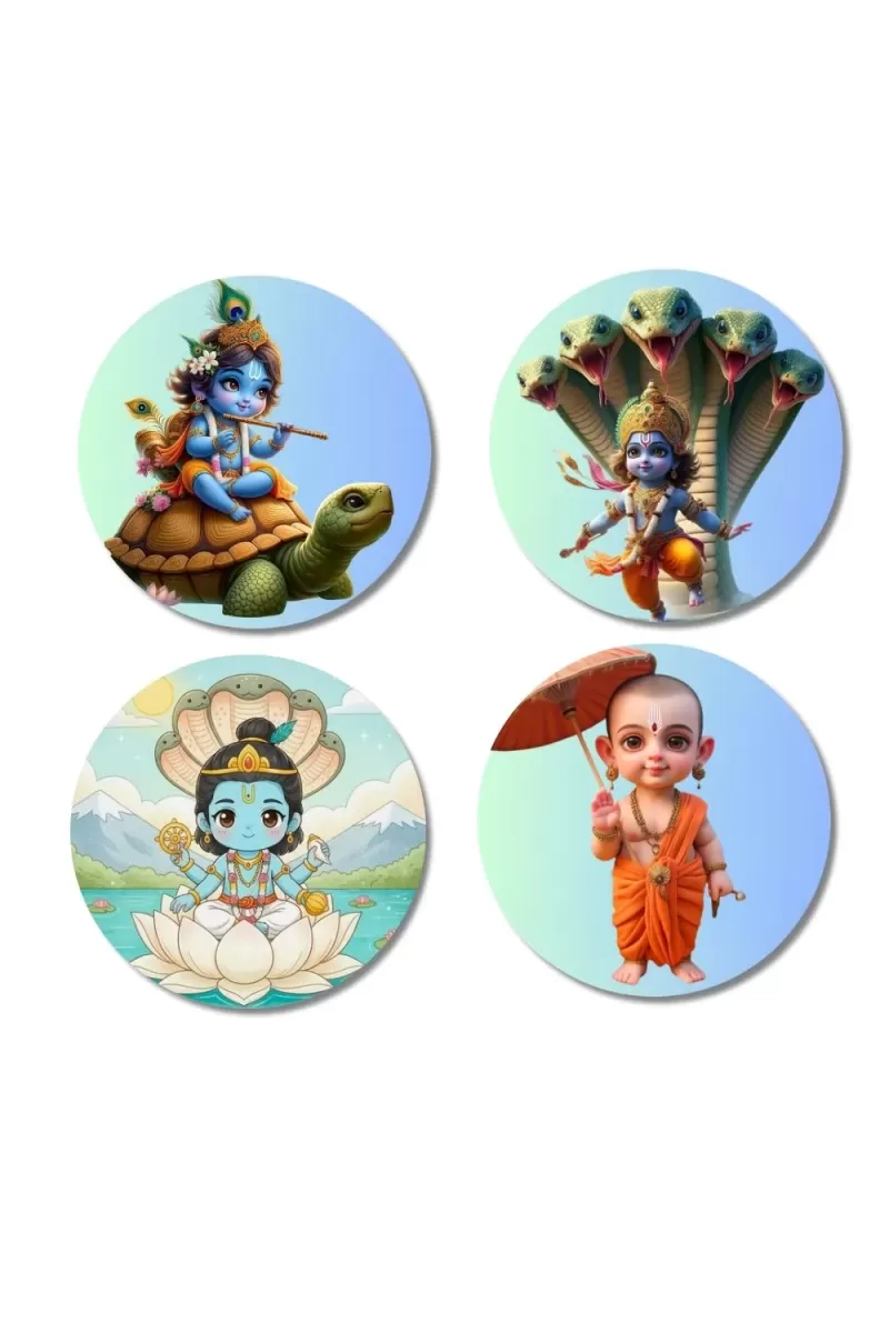 Vishnu, Krishna, And Vamana. Fridge Magnets Ã¢â‚¬â€œ 4 Piece Set | 3 Inch Round Wall Fridge Decor (F22784)