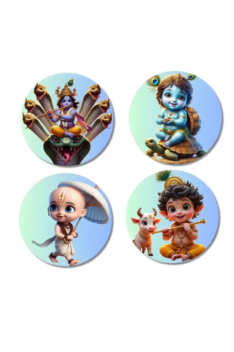 Vishnu, Krishna, And Vamana. Fridge Magnets Ã¢â‚¬â€œ 4 Piece Set | 3 Inch Round Wall Fridge Decor (F22785)