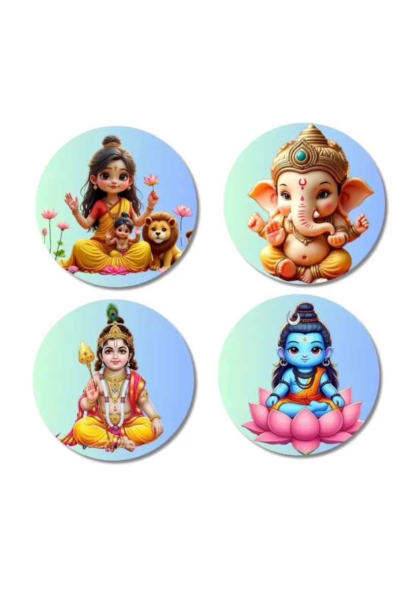 Durga, Ganesha, Rama, And Vishnu. Fridge Magnets Ã¢â‚¬â€œ 4 Piece Set | 3 Inch Round Wall Fridge Decor (F22788)