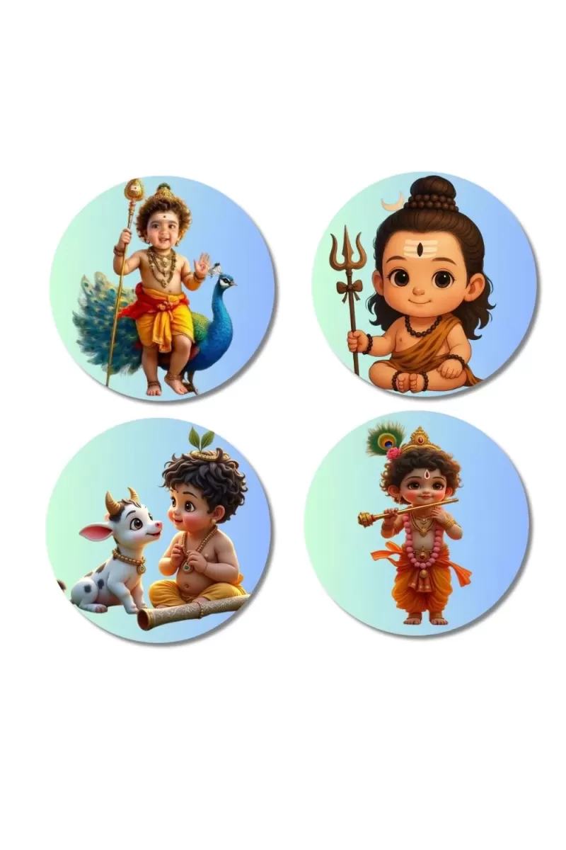Krishna, Radha, Ganesha, And Hanuman. Fridge Magnets Ã¢â‚¬â€œ 4 Piece Set | 3 Inch Round Wall Fridge Decor (F22790)