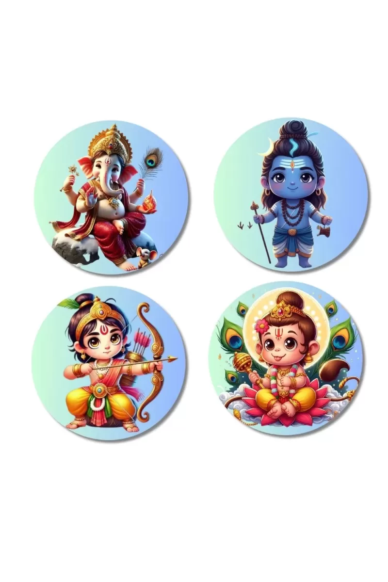 Ganesha, Shiva, Rama, And Kartikeya. Fridge Magnets Ã¢â‚¬â€œ 4 Piece Set | 3 Inch Round Wall Fridge Decor (F22791)