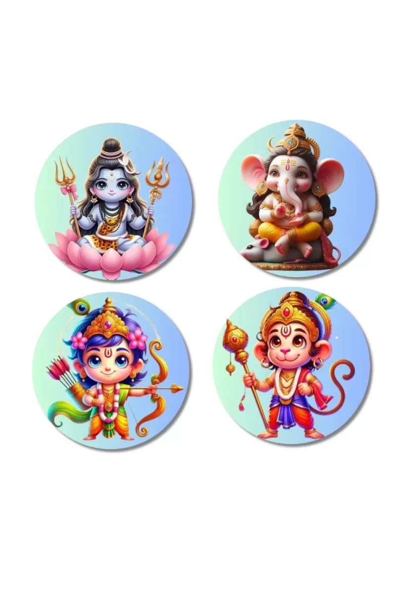 Shiva, Ganesha, Rama, And Hanuman Fridge Magnets Ã¢â‚¬â€œ 4 Piece Set | 3 Inch Round Wall Fridge Decor (F22792)