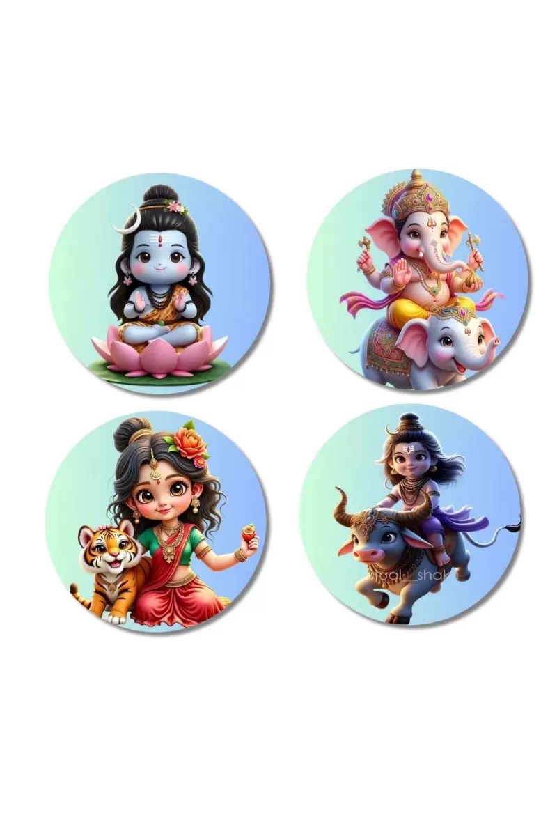 Shiva, Ganesha, Durga, And Yama. Fridge Magnets Ã¢â‚¬â€œ 4 Piece Set | 3 Inch Round Wall Fridge Decor (F22793)