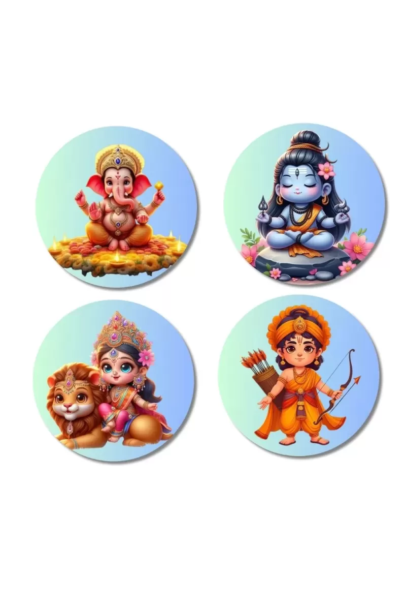 Shiva, Ganesha, Krishna, And Kartikeya. Fridge Magnets Ã¢â‚¬â€œ 4 Piece Set | 3 Inch Round Wall Fridge Decor (F22794)