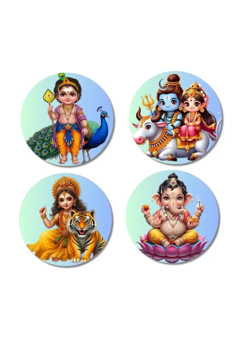 Kartikeya, Shiva, Parvati, Durga, And Ganesha. Fridge Magnets Ã¢â‚¬â€œ 4 Piece Set | 3 Inch Round Wall Fridge Decor (F22797)