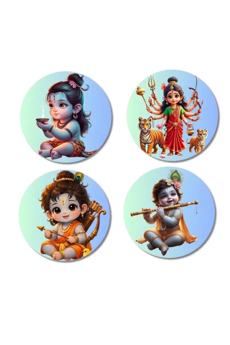 Shiva, Durga, Rama, And Krishna. Fridge Magnets Ã¢â‚¬â€œ 4 Piece Set | 3 Inch Round Wall Fridge Decor (F22800)