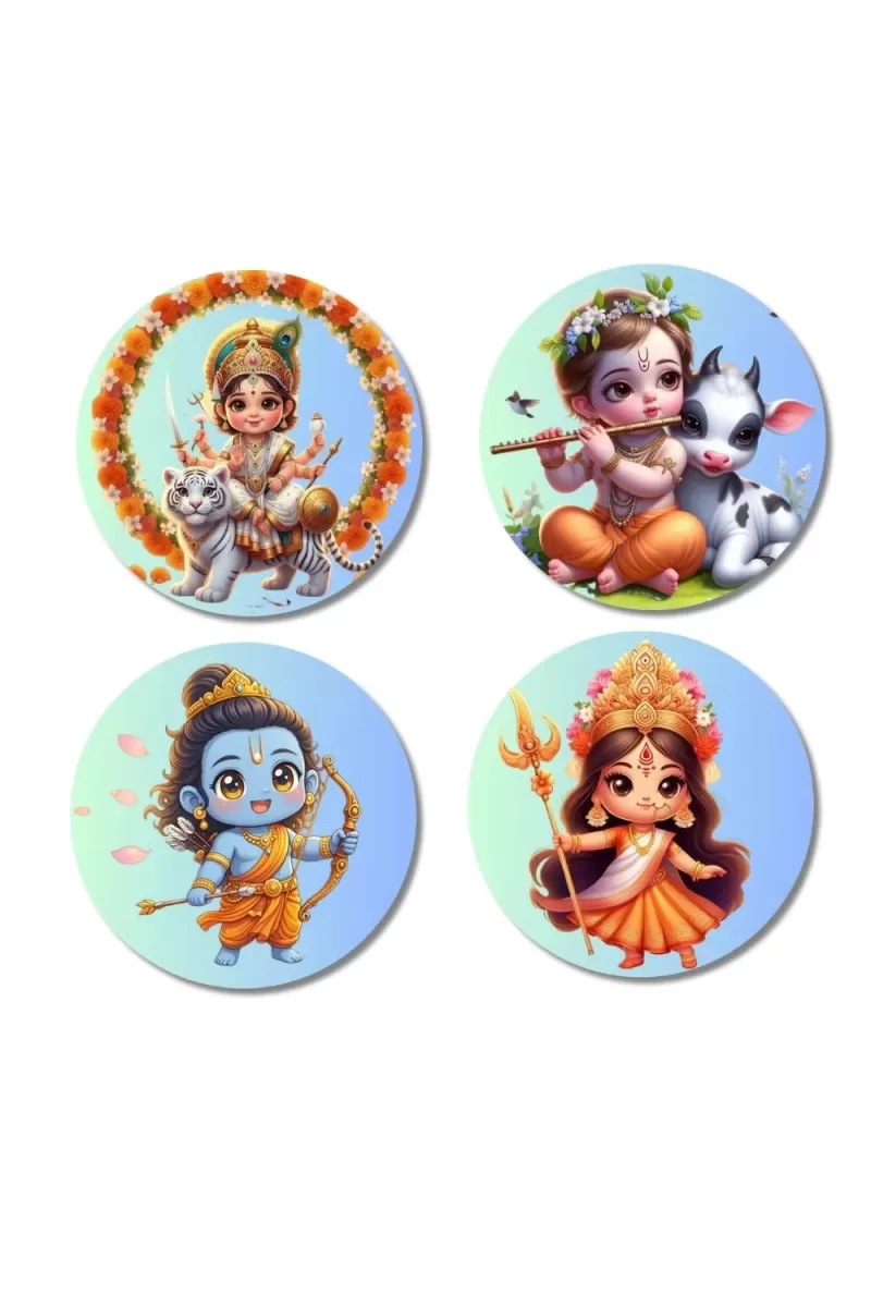 Vaikuntha (Vishnu), Krishna, Rama, And Durga. Fridge Magnets Ã¢â‚¬â€œ 4 Piece Set | 3 Inch Round Wall Fridge Decor (F22801)