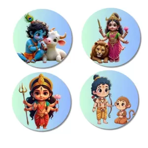 Krishna, Durga, Rama, And Hanuman. Fridge Magnets – 4 Piece Set | 3 Inch Round Wall Fridge Decor (F22802) Krishna, Durga, Rama, And Hanuman. Fridge Magnets – 4 Piece Set | 3 Inch Round Wall Fridge Decor (F22802)