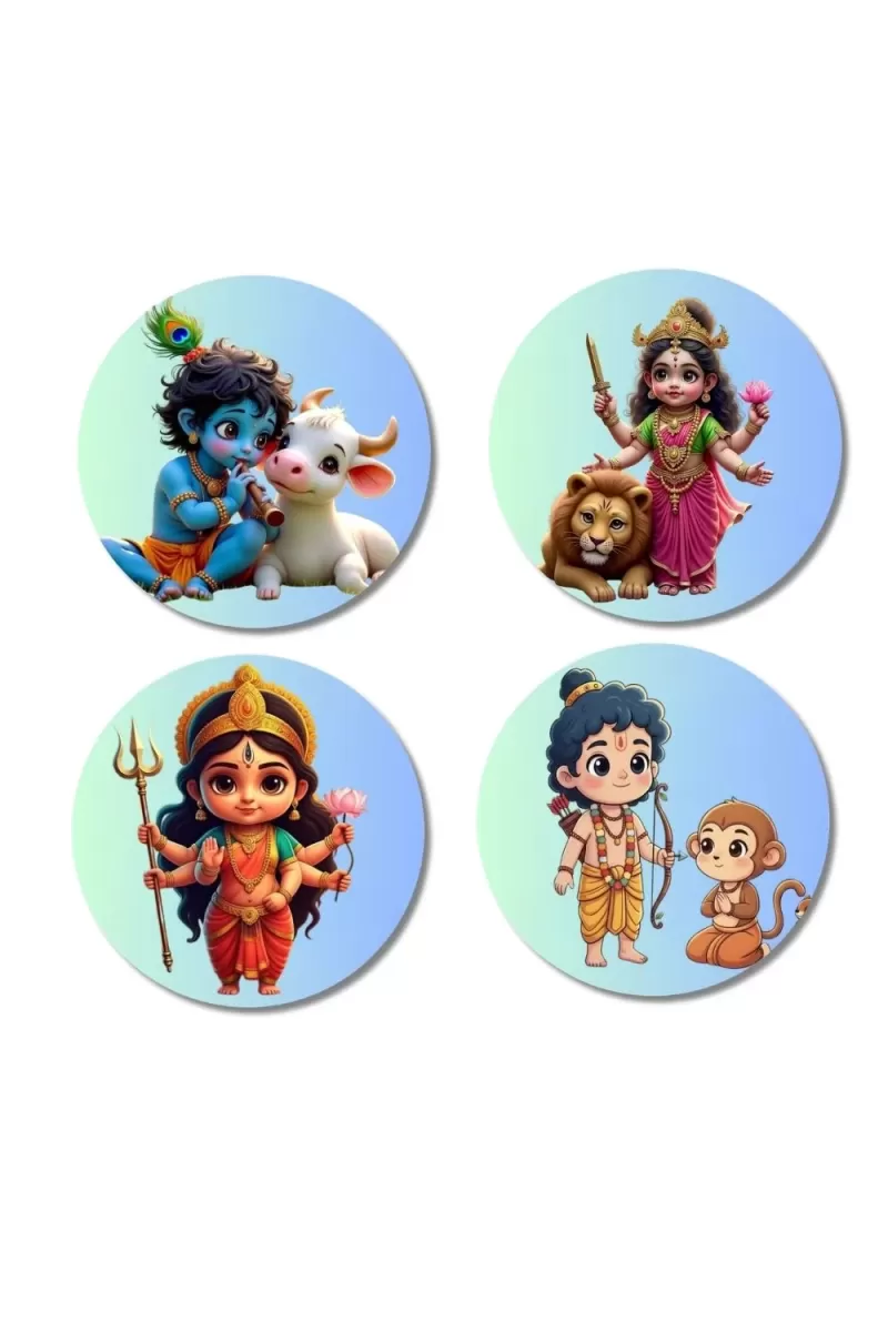 Krishna, Durga, Rama, And Hanuman. Fridge Magnets Ã¢â‚¬â€œ 4 Piece Set | 3 Inch Round Wall Fridge Decor (F22802)