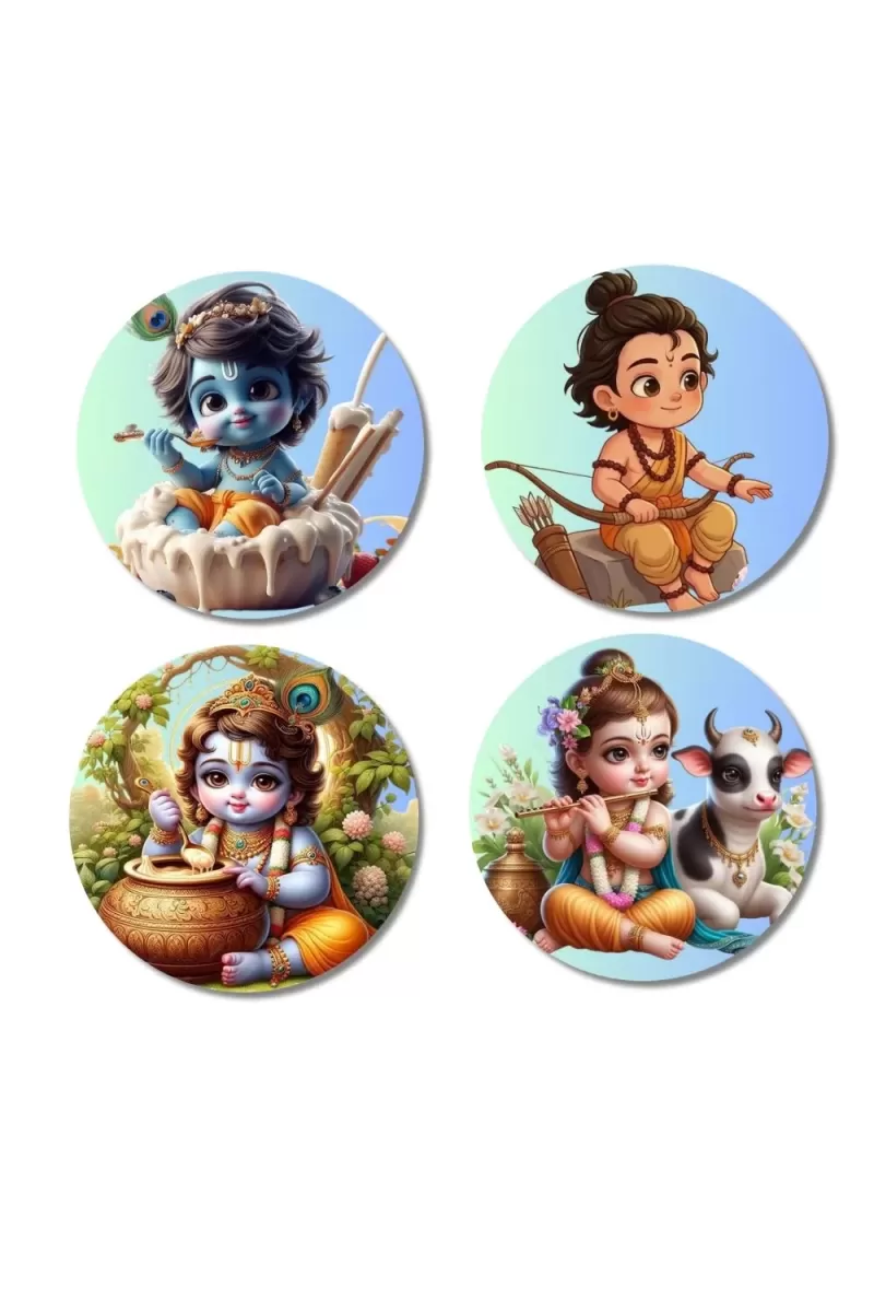 Krishna, Rama, And Hanuman. Fridge Magnets Ã¢â‚¬â€œ 4 Piece Set | 3 Inch Round Wall Fridge Decor (F22803)