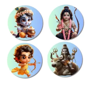 Krishna, Rama, And Shiva. Fridge Magnets Ã¢â‚¬â€œ 4 Piece Set | 3 Inch Round Wall Fridge Decor (F22804)