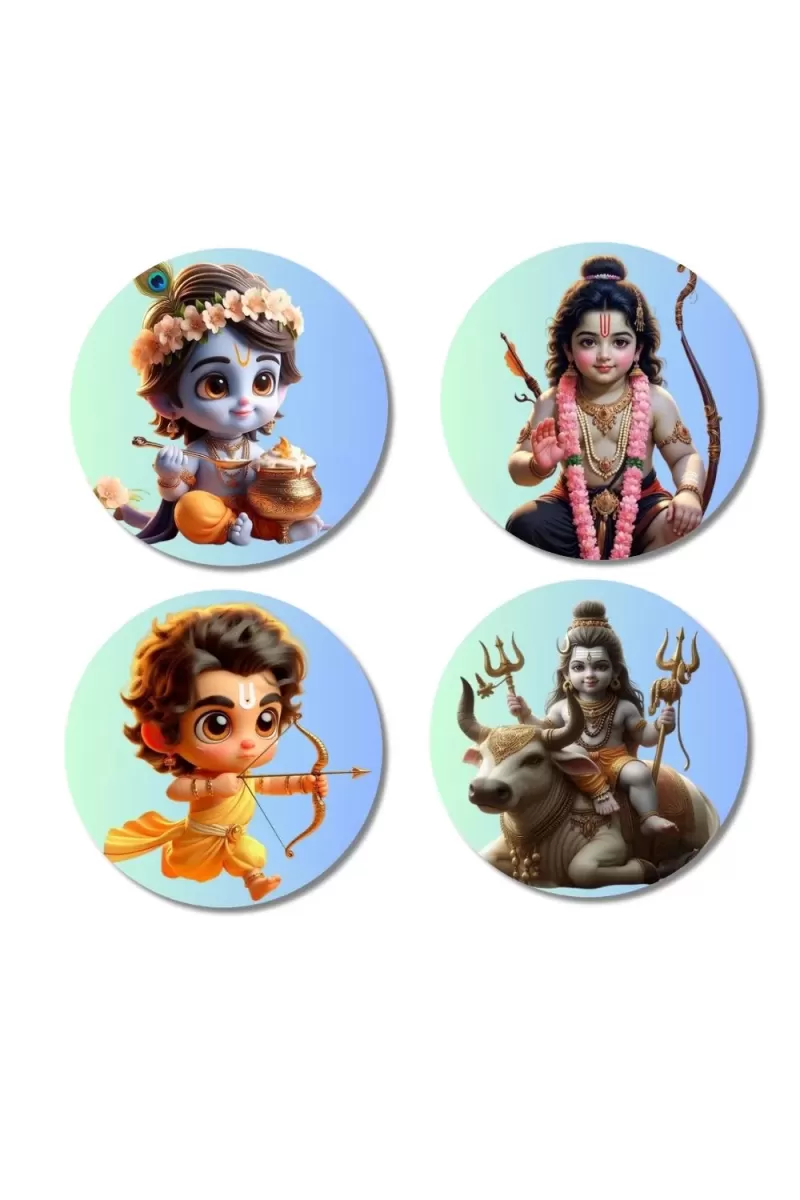 Krishna, Rama, And Shiva. Fridge Magnets Ã¢â‚¬â€œ 4 Piece Set | 3 Inch Round Wall Fridge Decor (F22804)