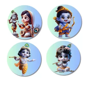 Krishna, Radha, And Rama. Fridge Magnets Ã¢â‚¬â€œ 4 Piece Set | 3 Inch Round Wall Fridge Decor (F22805)