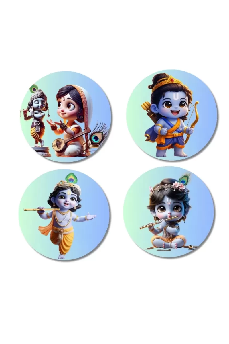 Krishna, Radha, And Rama. Fridge Magnets Ã¢â‚¬â€œ 4 Piece Set | 3 Inch Round Wall Fridge Decor (F22805)