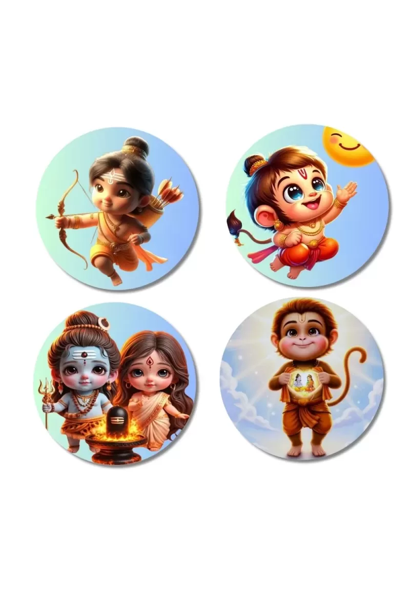 Rama, Hanuman, Shiva, And Parvati. Fridge Magnets Ã¢â‚¬â€œ 4 Piece Set | 3 Inch Round Wall Fridge Decor (F22806)