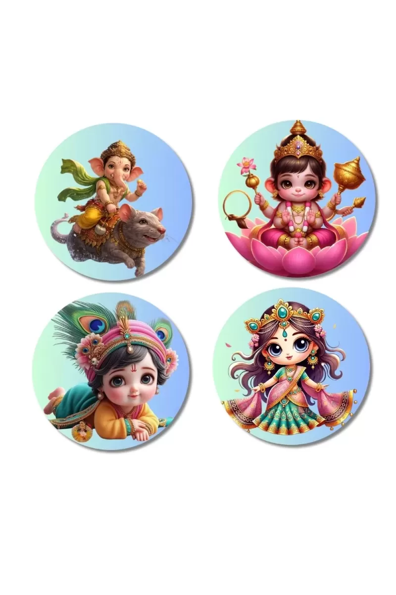 Ganesha, Lakshmi, Krishna, And Saraswati. Fridge Magnets Ã¢â‚¬â€œ 4 Piece Set | 3 Inch Round Wall Fridge Decor (F22807)