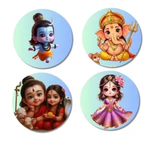 Ganesha, Shiva, Rama, And Krishna. Fridge Magnets Ã¢â‚¬â€œ 4 Piece Set | 3 Inch Round Wall Fridge Decor (F22808)