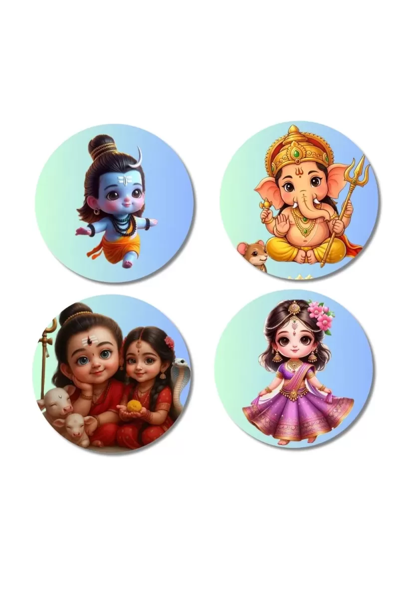 Ganesha, Shiva, Rama, And Krishna. Fridge Magnets Ã¢â‚¬â€œ 4 Piece Set | 3 Inch Round Wall Fridge Decor (F22808)
