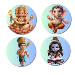 Brahma, Ganesha, Kartikeya, And Shiva. Fridge Magnets Ã¢â‚¬â€œ 4 Piece Set | 3 Inch Round Wall Fridge Decor (F22810)