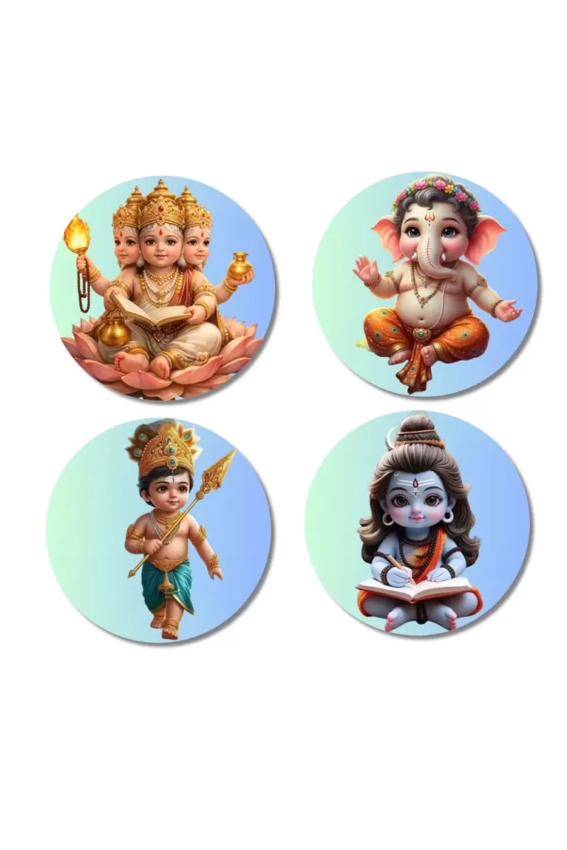Brahma, Ganesha, Kartikeya, And Shiva. Fridge Magnets Ã¢â‚¬â€œ 4 Piece Set | 3 Inch Round Wall Fridge Decor (F22810)