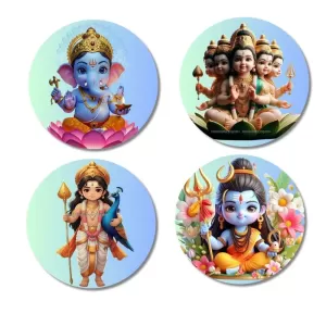 Brahma, Ganesha, Kartikeya, And Shiva. Fridge Magnets Ã¢â‚¬â€œ 4 Piece Set | 3 Inch Round Wall Fridge Decor (F22811)