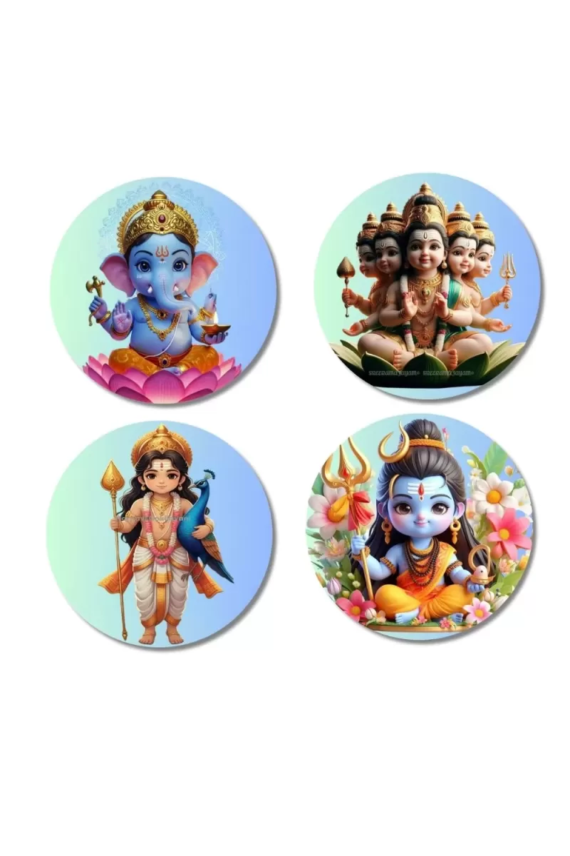 Brahma, Ganesha, Kartikeya, And Shiva. Fridge Magnets Ã¢â‚¬â€œ 4 Piece Set | 3 Inch Round Wall Fridge Decor (F22811)