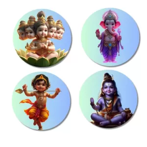 Brahma, Ganesha, Kartikeya, And Shiva. Fridge Magnets Ã¢â‚¬â€œ 4 Piece Set | 3 Inch Round Wall Fridge Decor (F22812)