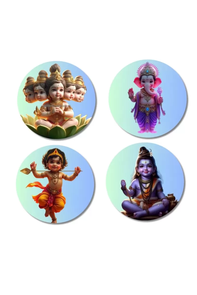 Brahma, Ganesha, Kartikeya, And Shiva. Fridge Magnets Ã¢â‚¬â€œ 4 Piece Set | 3 Inch Round Wall Fridge Decor (F22812)