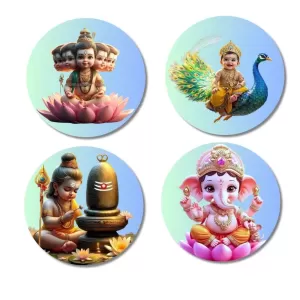 Brahma, Ganesha, Kartikeya, And Shiva. Fridge Magnets Ã¢â‚¬â€œ 4 Piece Set | 3 Inch Round Wall Fridge Decor (F22813)