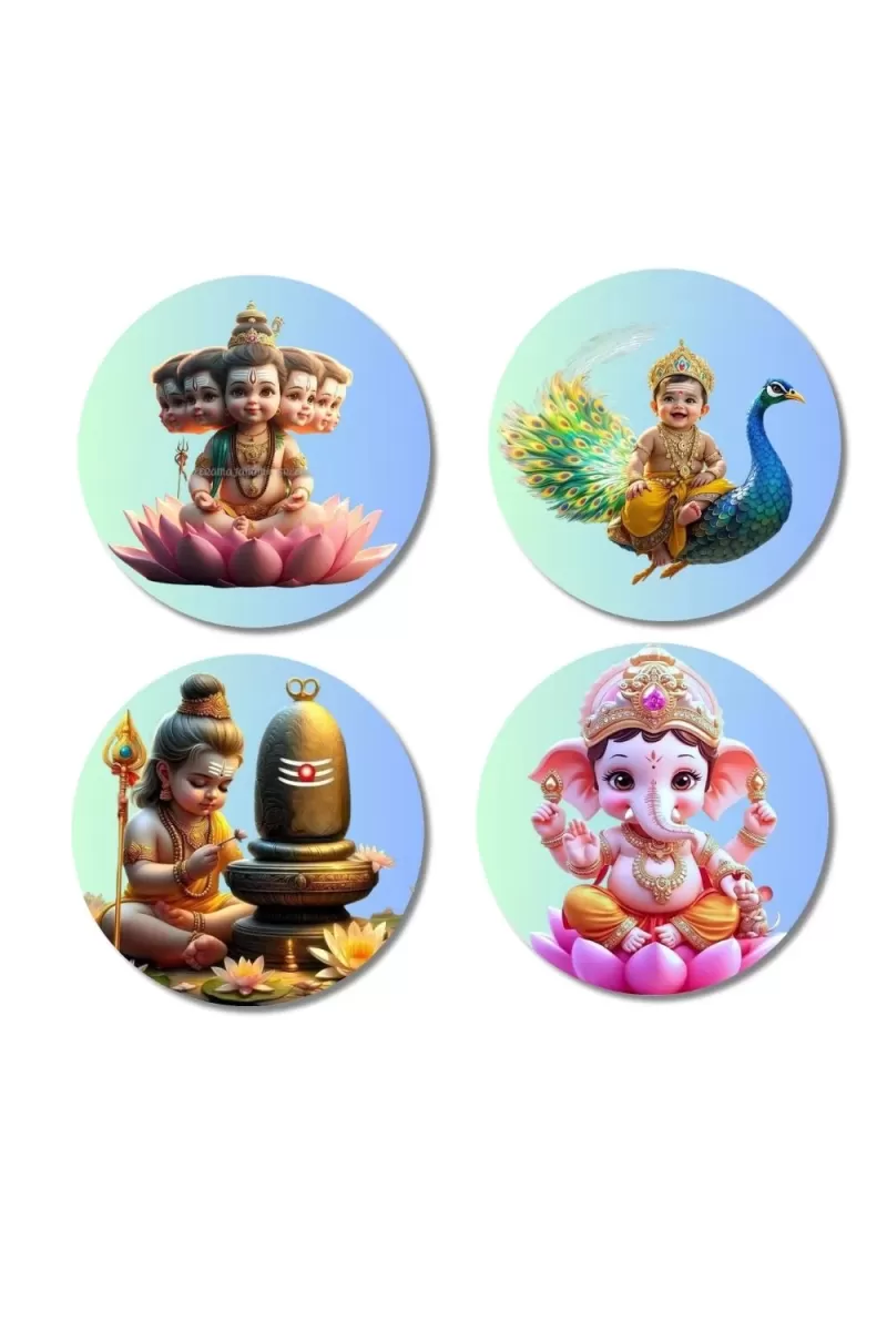 Brahma, Ganesha, Kartikeya, And Shiva. Fridge Magnets Ã¢â‚¬â€œ 4 Piece Set | 3 Inch Round Wall Fridge Decor (F22813)