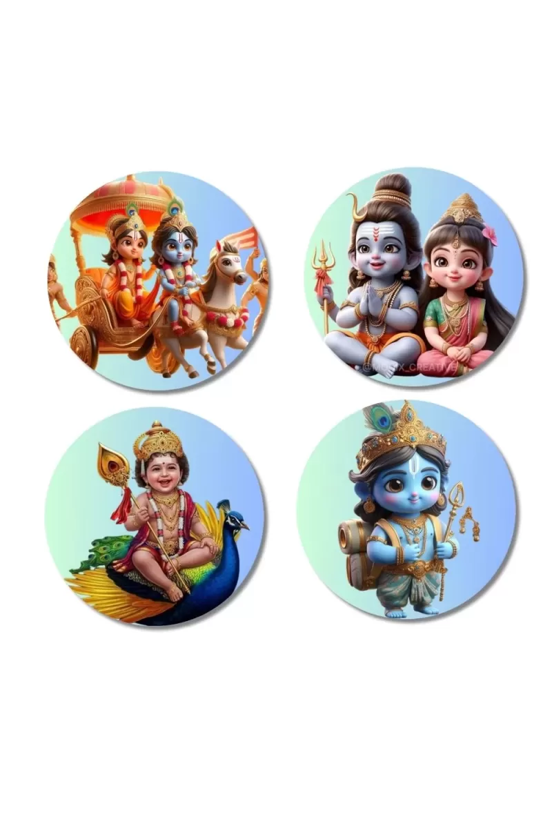 Rama, Shiva, Parvati, Kartikeya, And Krishna. Fridge Magnets Ã¢â‚¬â€œ 4 Piece Set | 3 Inch Round Wall Fridge Decor (F22814)