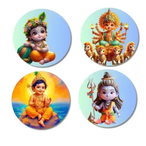 Krishna, Durga, Rama, And Shiva. Fridge Magnets Ã¢â‚¬â€œ 4 Piece Set | 3 Inch Round Wall Fridge Decor (F22815)