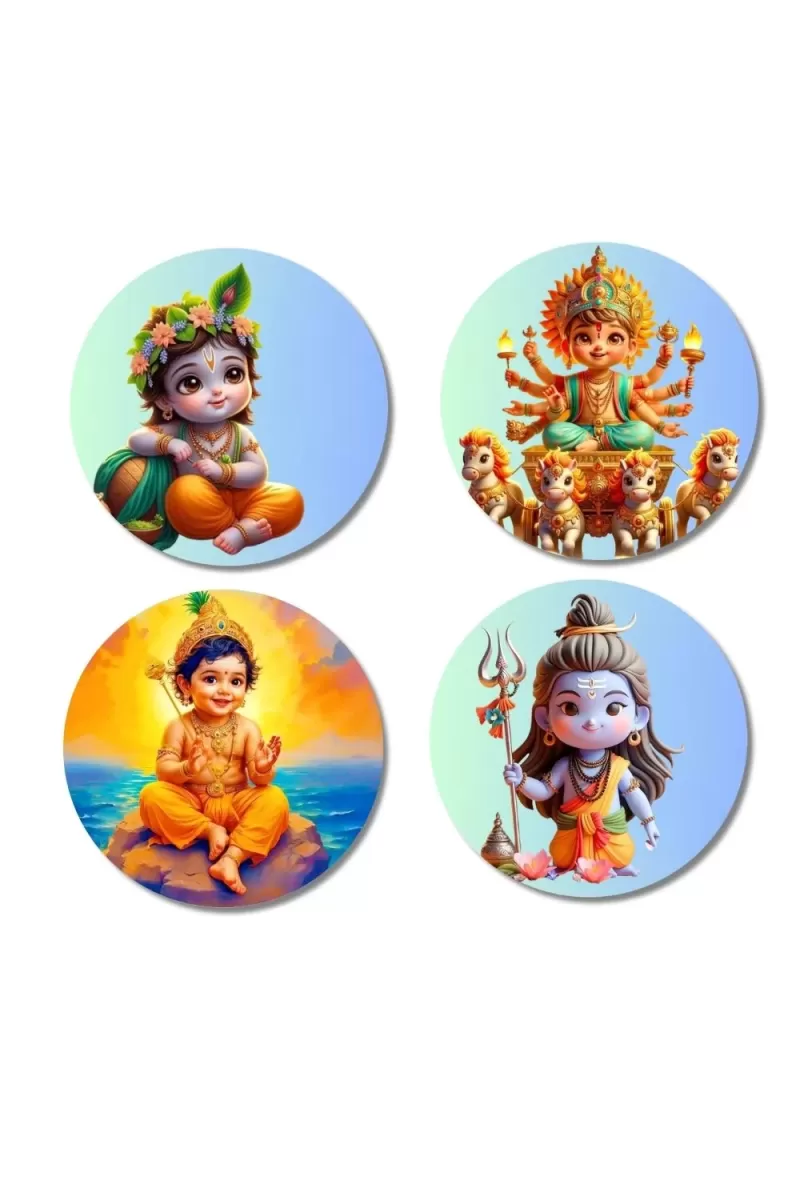 Krishna, Durga, Rama, And Shiva. Fridge Magnets Ã¢â‚¬â€œ 4 Piece Set | 3 Inch Round Wall Fridge Decor (F22815)