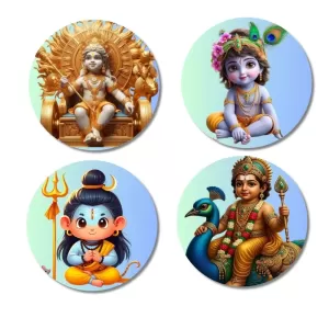 Krishna, Ganesha, Rama, And Shiva. Fridge Magnets Ã¢â‚¬â€œ 4 Piece Set | 3 Inch Round Wall Fridge Decor (F22816)