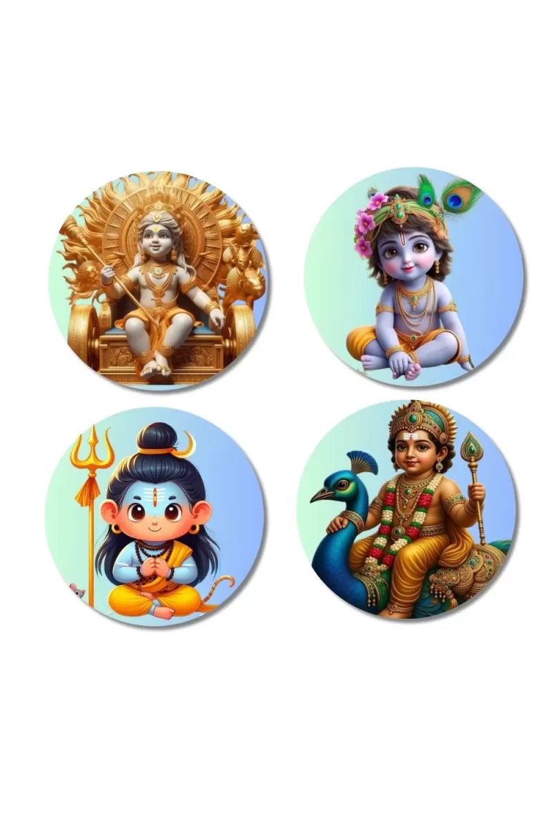 Krishna, Ganesha, Rama, And Shiva. Fridge Magnets Ã¢â‚¬â€œ 4 Piece Set | 3 Inch Round Wall Fridge Decor (F22816)