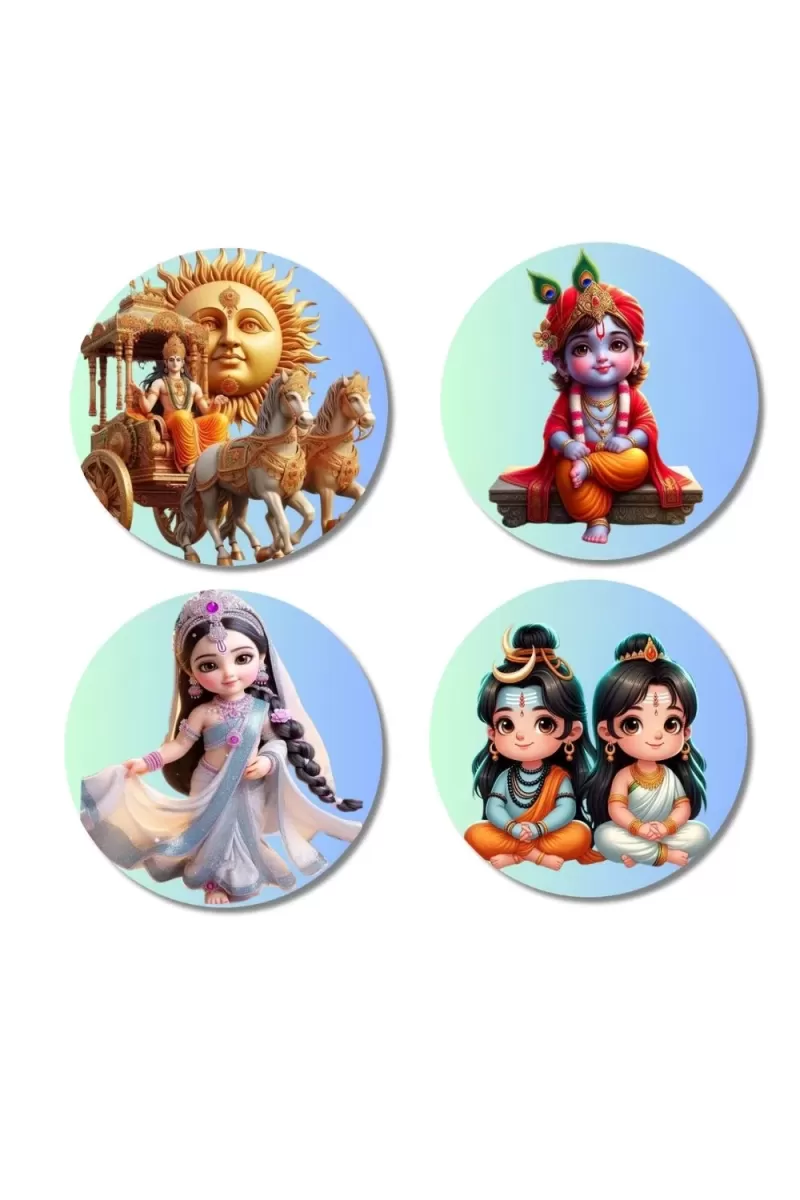 Rama (Surya), Krishna, Radha, Shiva, And Parvati. Fridge Magnets Ã¢â‚¬â€œ 4 Piece Set | 3 Inch Round Wall Fridge Decor (F22817)