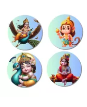 Kartikeya, Hanuman, And Krishna. Fridge Magnets Ã¢â‚¬â€œ 4 Piece Set | 3 Inch Round Wall Fridge Decor (F22819)
