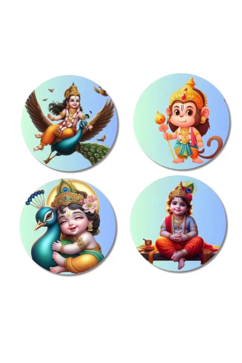 Kartikeya, Hanuman, And Krishna. Fridge Magnets Ã¢â‚¬â€œ 4 Piece Set | 3 Inch Round Wall Fridge Decor (F22819)