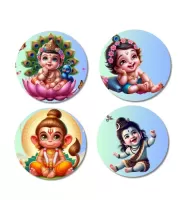 Kartikeya, Krishna, Hanuman, And Shiva. Fridge Magnets Ã¢â‚¬â€œ 4 Piece Set | 3 Inch Round Wall Fridge Decor (F22820)