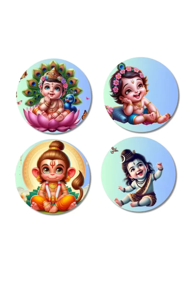 Kartikeya, Krishna, Hanuman, And Shiva. Fridge Magnets Ã¢â‚¬â€œ 4 Piece Set | 3 Inch Round Wall Fridge Decor (F22820)