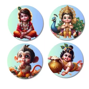 Krishna, Shiva, Ganesha, And Rama. Fridge Magnets Ã¢â‚¬â€œ 4 Piece Set | 3 Inch Round Wall Fridge Decor (F22821)
