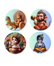 Rama, Hanuman, Kartikeya, And Krishna. Fridge Magnets Ã¢â‚¬â€œ 4 Piece Set | 3 Inch Round Wall Fridge Decor (F22822)