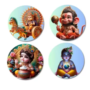 Rama, Hanuman, Kartikeya, And Krishna. Fridge Magnets Ã¢â‚¬â€œ 4 Piece Set | 3 Inch Round Wall Fridge Decor (F22822)