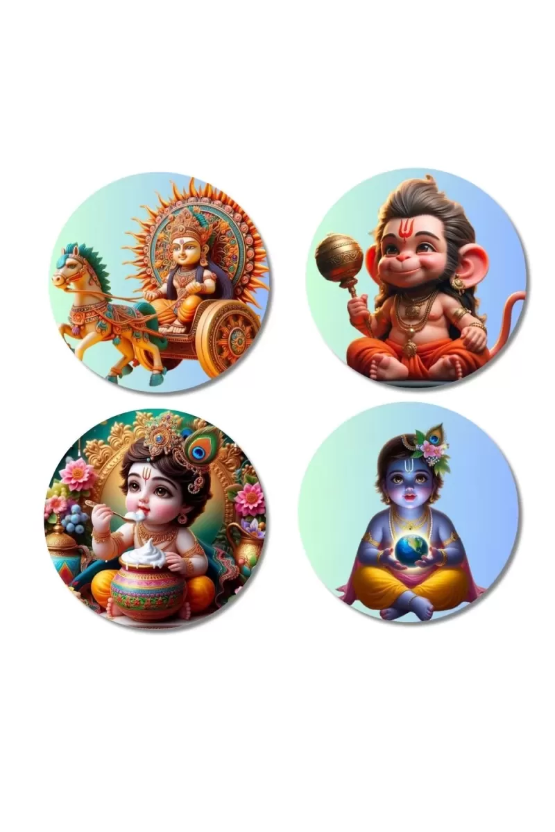 Rama, Hanuman, Kartikeya, And Krishna. Fridge Magnets Ã¢â‚¬â€œ 4 Piece Set | 3 Inch Round Wall Fridge Decor (F22822)