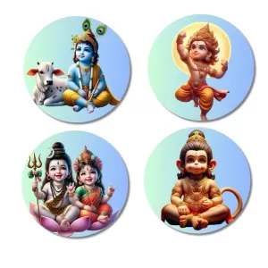 Krishna, Rama, Shiva, Parvati, And Hanuman. Fridge Magnets Ã¢â‚¬â€œ 4 Piece Set | 3 Inch Round Wall Fridge Decor (F22823)